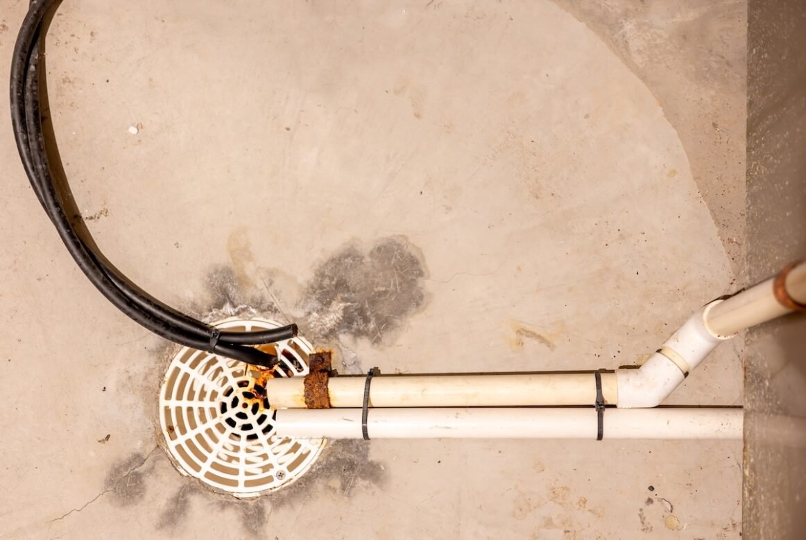 Selective focus on a residential house basement floor drain with furnace and water softener drain lines. High quality photo how to unclog ac drain line