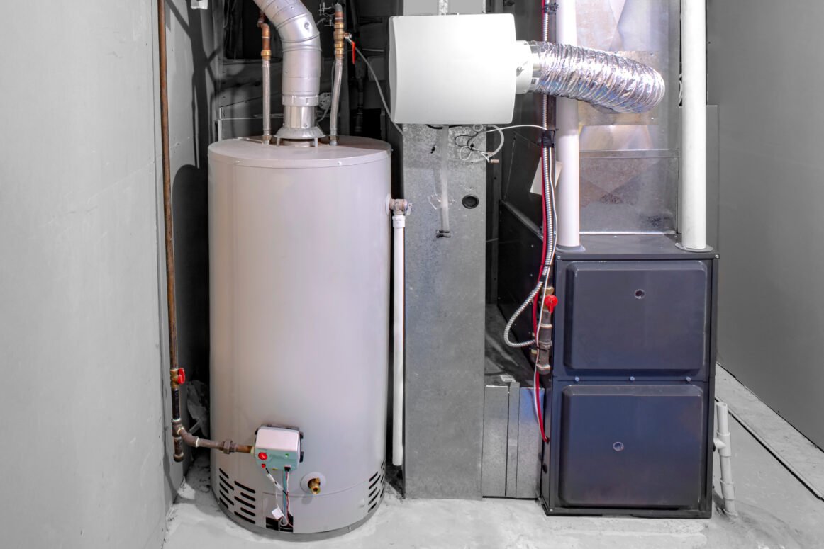 A home high efficiency furnace with a residential gas water heat A home high efficiency furnace with a residential gas water heater & humidifier.