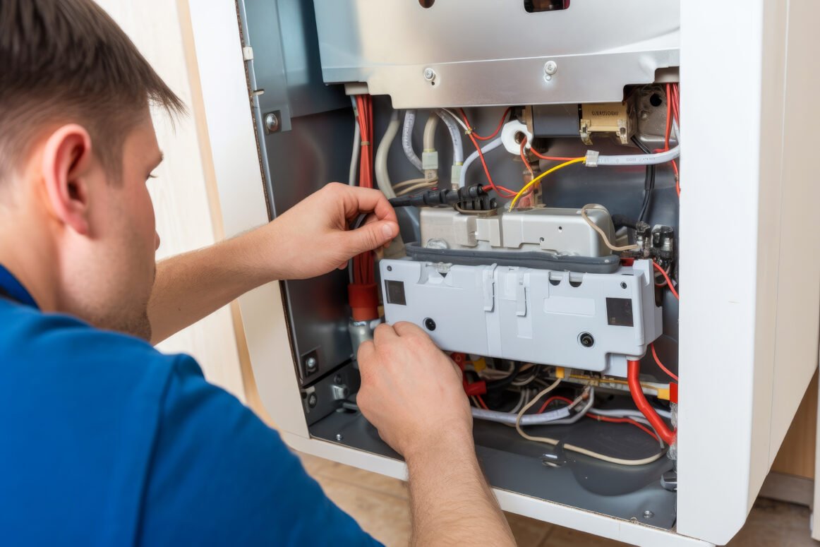 Repairman fixing a broken electric boiler or furnace. High quality generative ai Repairman fixing a broken electric boiler or furnace. High quality generative ai